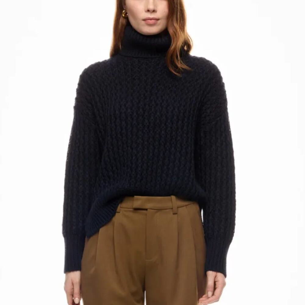 Adam Lippes Blue Turtleneck Logo Sweater MEDIUM Soft Chunky Wool Oversized $300